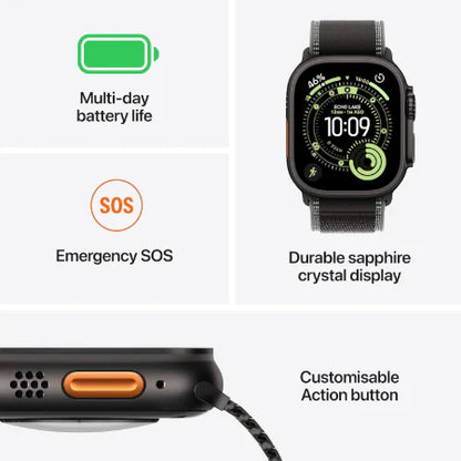 Apple Watch Ultra 3 GPS + Cellular 49mm – Black Titanium Collection (Black Ocean Band | Black Alpine Loop S/M/L | Black/Charcoal Trail Loop S/M & M/L)