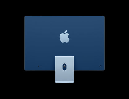 "Image of the 24-inch Apple iMac, showcasing its sleek and modern design. The all-in-one desktop is displayed at an angle, highlighting its thin profile, vibrant display, and minimalist aesthetic. The iconic Apple logo is prominently featured on the back of the device."