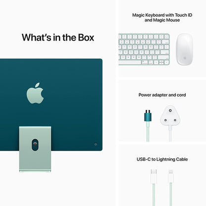 Image showcasing the contents of the Apple iMac 24-inch box. The box includes the iMac desktop computer, power cord, Magic Keyboard, Magic Mouse, and user manual, ensuring users have everything they need to set up and start using their new device.