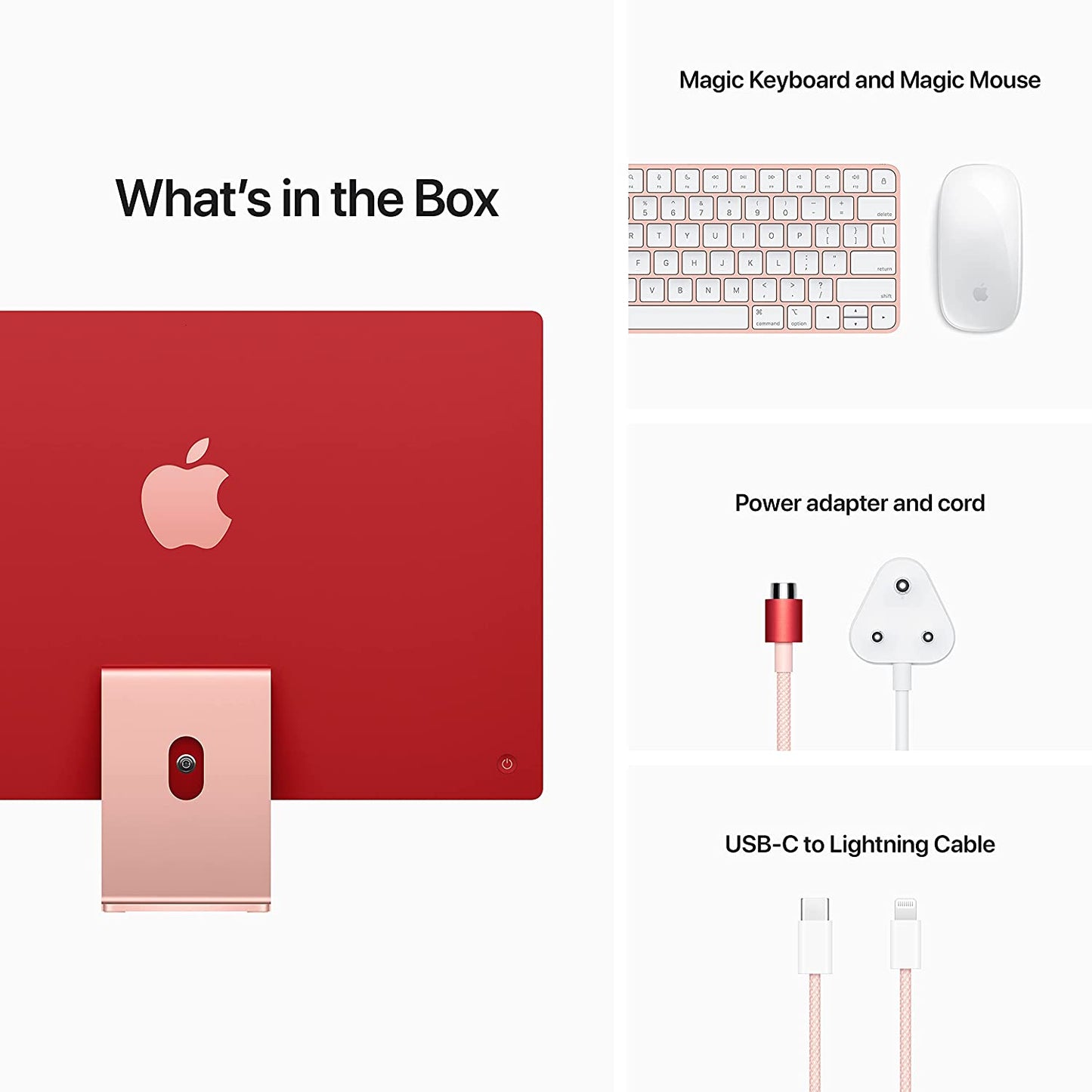 Image showcasing the contents of the Apple iMac 24-inch box. The box includes the iMac desktop computer, power cord, Magic Keyboard, Magic Mouse, and user manual, ensuring users have everything they need to set up and start using their new device.