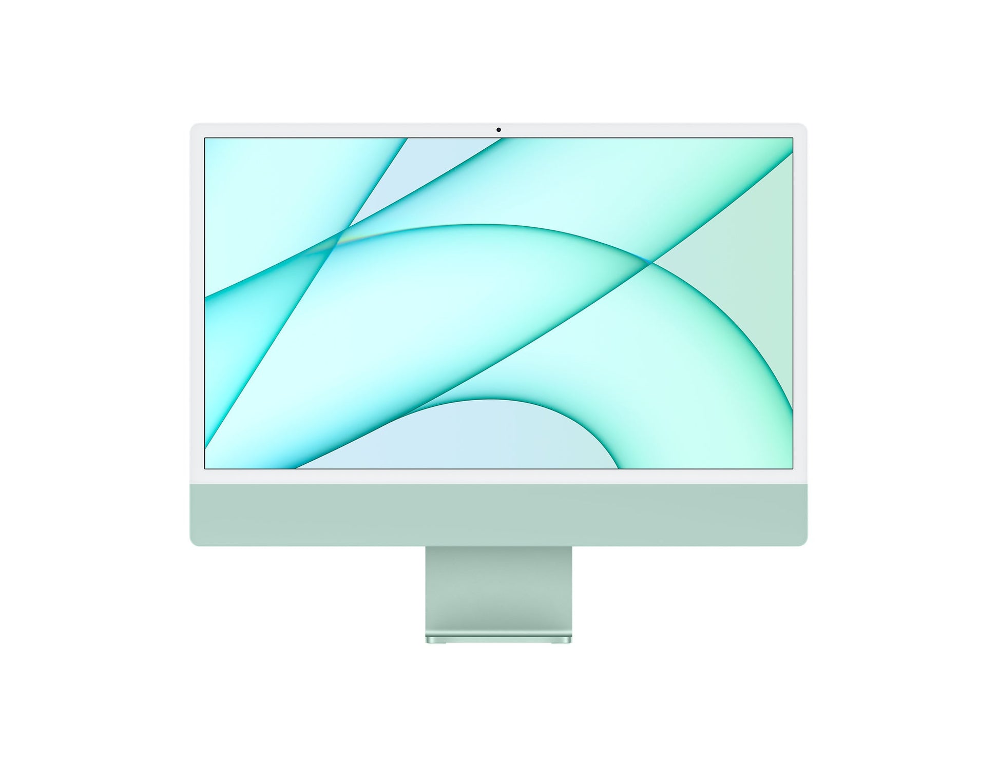 "Front profile image of the 24-inch Apple iMac, highlighting its sleek and modern appearance. The desktop is shown facing forward, showcasing its vibrant display, slim bezels, and minimalist design. The iconic Apple logo is visible on the bottom bezel."