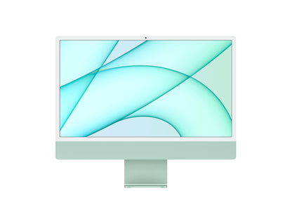 "Front profile image of the 24-inch Apple iMac, highlighting its sleek and modern appearance. The desktop is shown facing forward, showcasing its vibrant display, slim bezels, and minimalist design. The iconic Apple logo is visible on the bottom bezel."