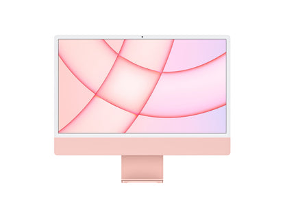 "Image of the 24-inch Apple iMac in charming Pink color, showcasing its elegant and playful design. The desktop is displayed at an angle, highlighting its pastel-colored aluminum enclosure and matching accessories. The iconic Apple logo is prominently featured on the back of the device."