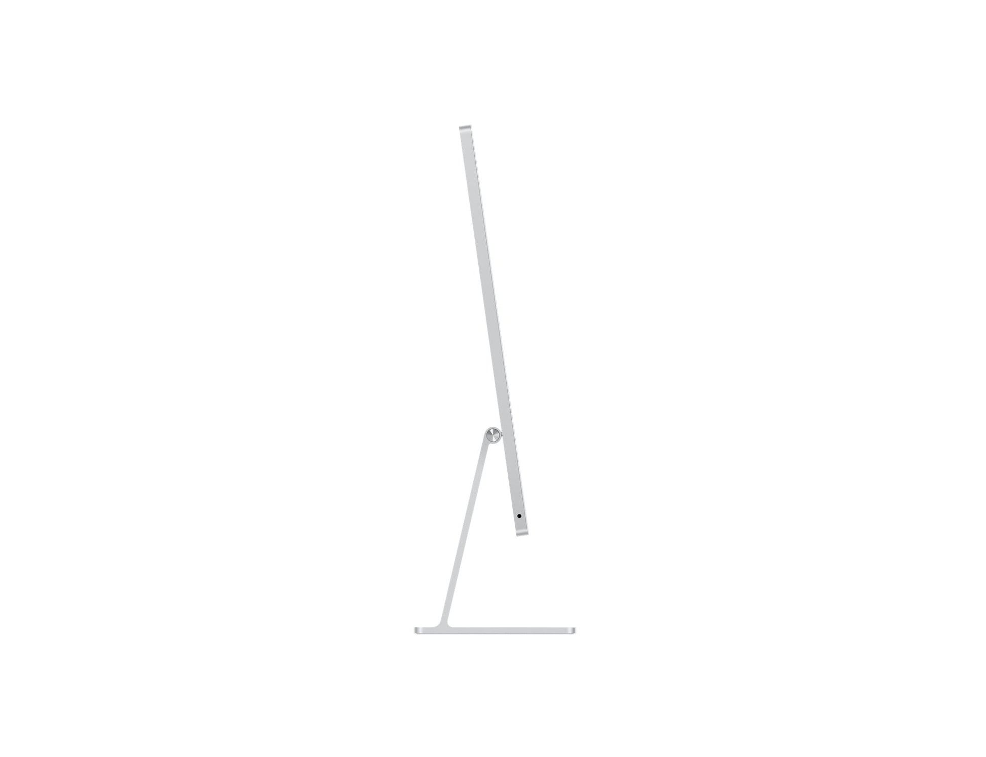 Side profile image of the 24-inch Apple iMac, highlighting its sleek and elegant design. The desktop is shown from the side, emphasizing its thin profile and curved edges, contributing to its modern and minimalist appearance."