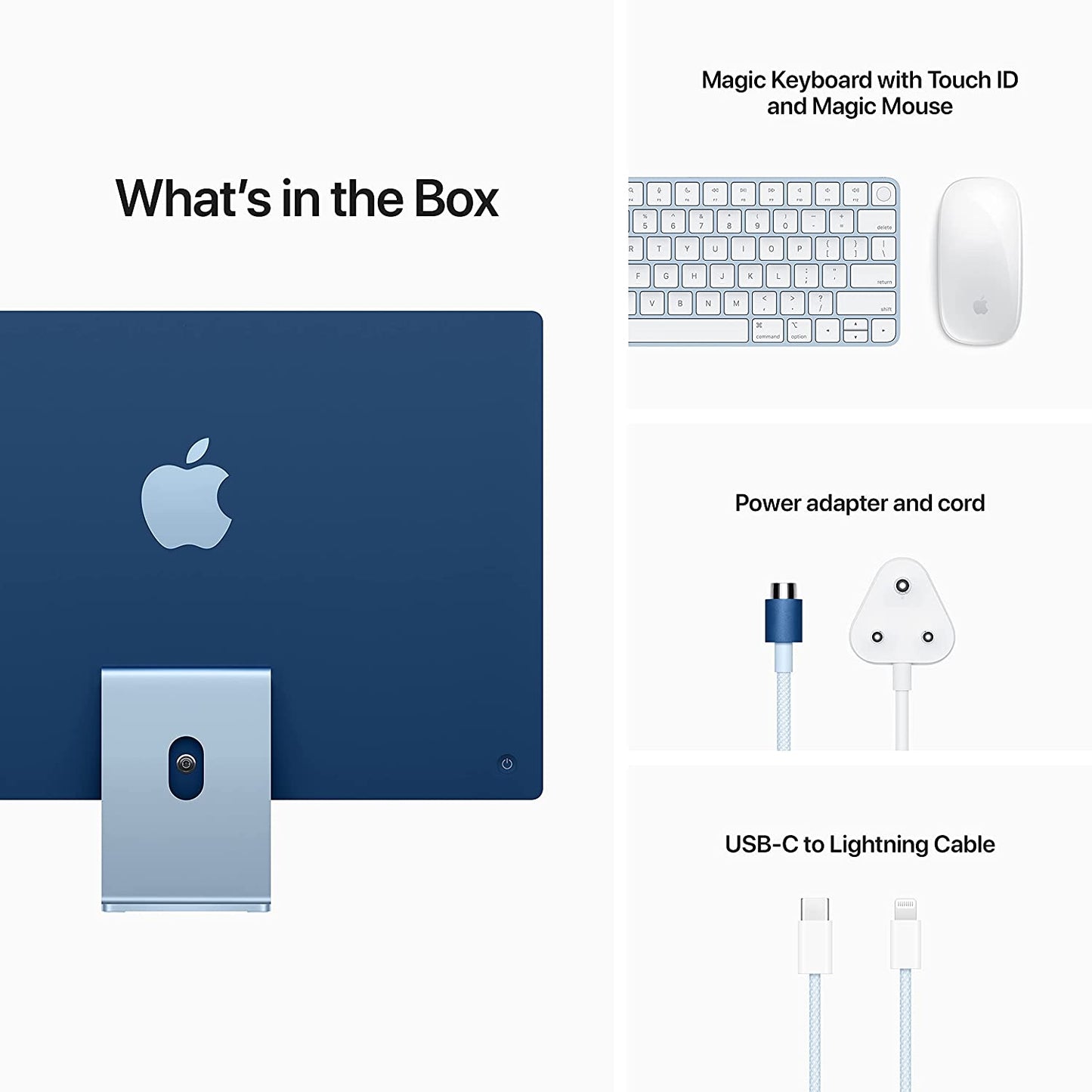 "Image showcasing the contents of the Apple iMac 24-inch box. The box includes the iMac desktop computer, power cord, Magic Keyboard, Magic Mouse, and user manual, ensuring users have everything they need to set up and start using their new device."